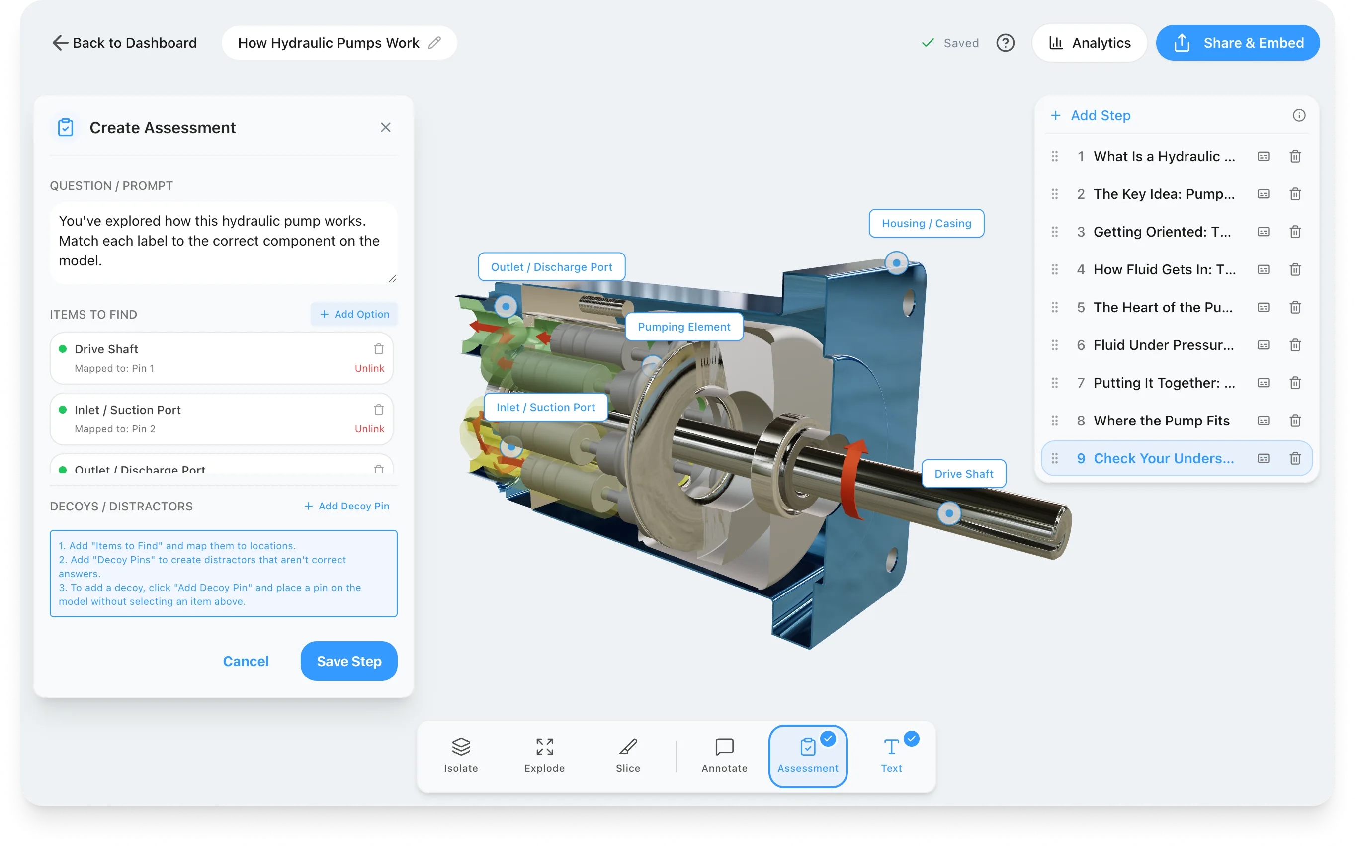3D assessment with spatial quiz