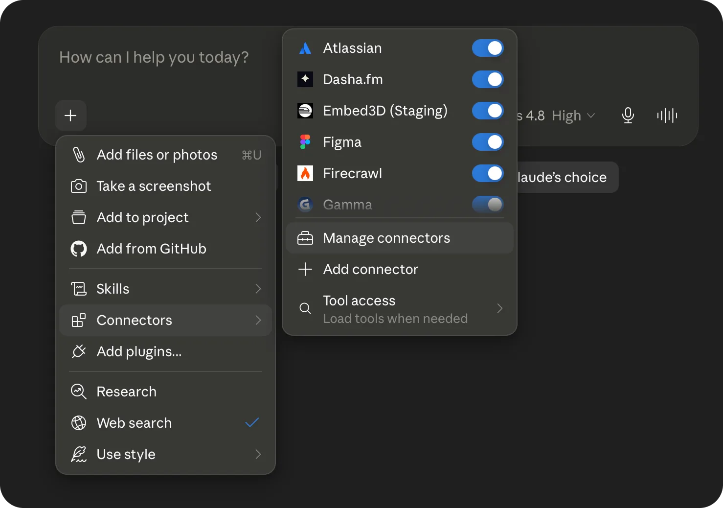 Claude's plus menu open with the Connectors submenu showing Manage connectors