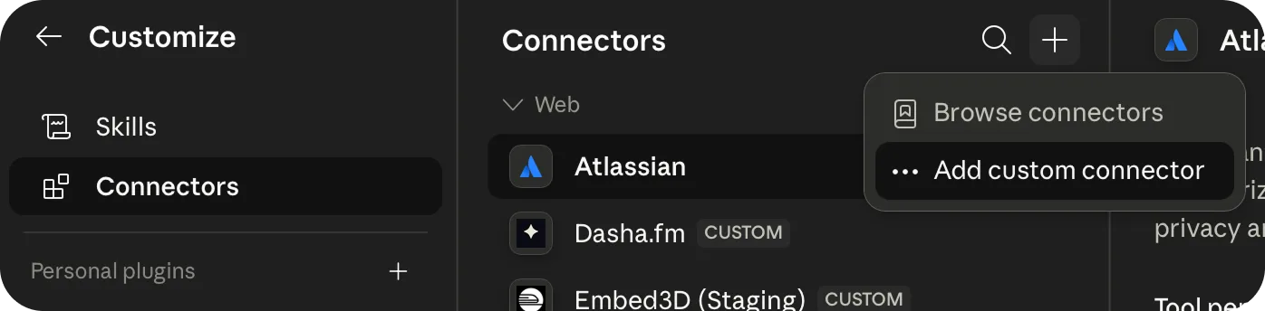 Connectors settings page with the add menu showing Browse connectors and Add custom connector