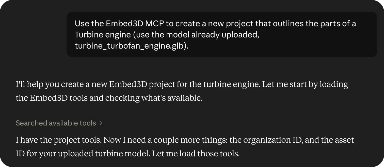 Claude chat with a prompt asking the Embed3D MCP to create a turbine engine project