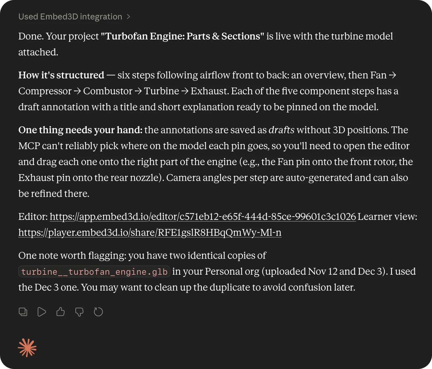 Claude's response confirming the project is created with steps and draft annotations, plus editor and learner-view links