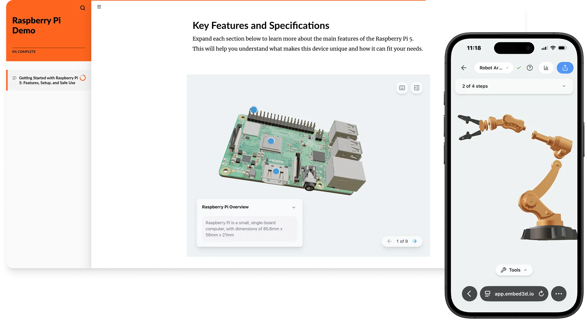 Embed3D shown in two views — a live, interactive 3D lesson open in a desktop browser, and the Embed3D editor running on a phone — all in the browser with nothing to install